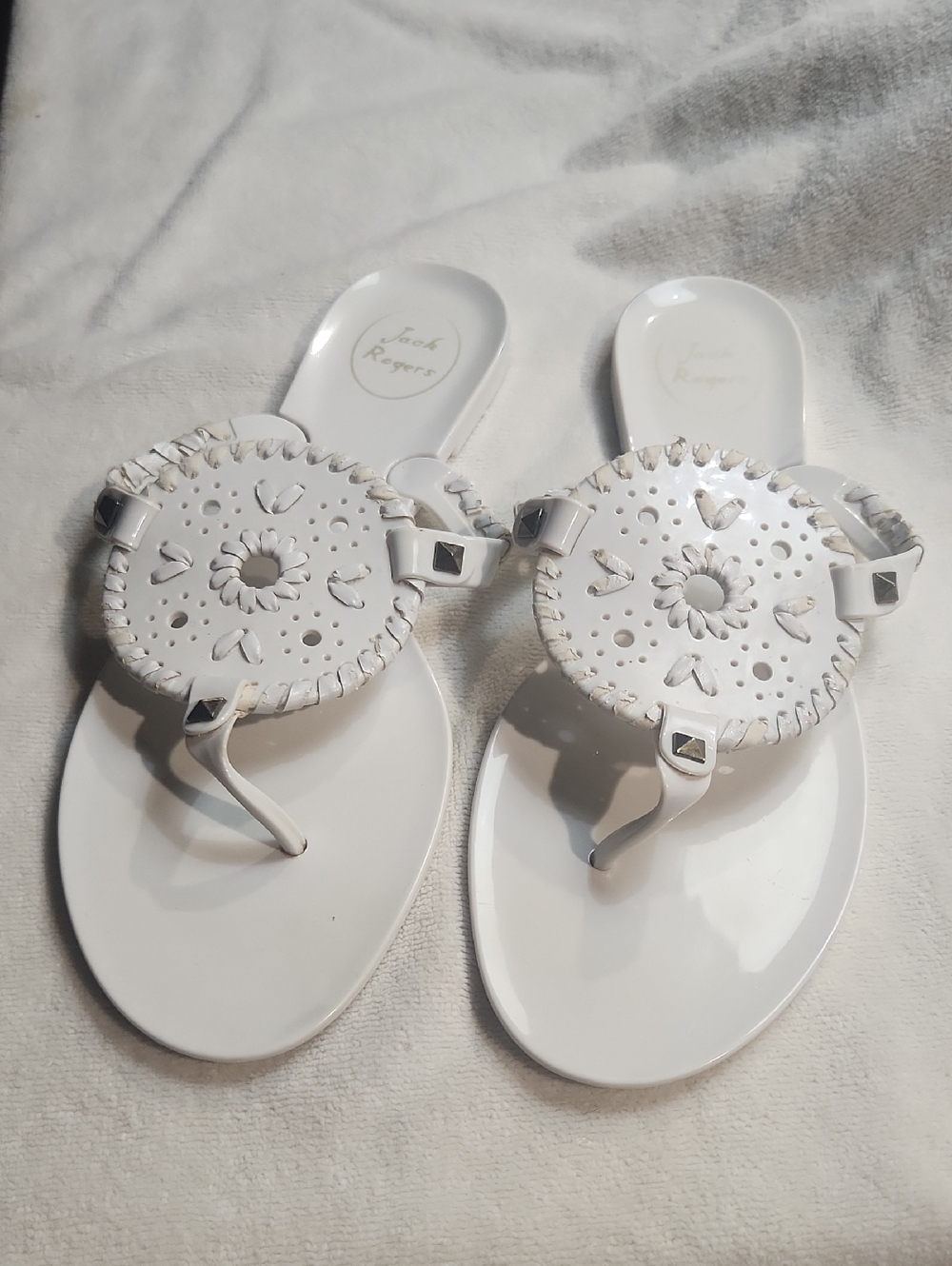 Jack Rogers White Circular  Thong Sandals with Stud Accents